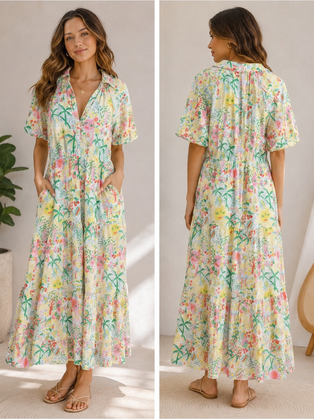 Roller Rabbit Pastel Floral & Palm-Print Button-Front Maxi Dress